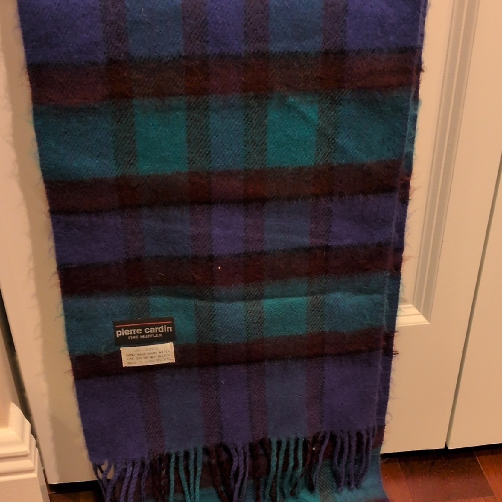 Pierre Cardin Blue Green Red Checkered Scarf Acrylic Soft Warm Vintage
